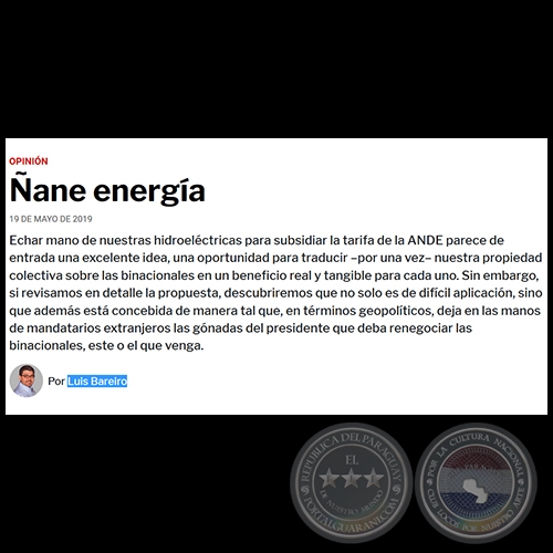 ÑANE ENERGÍA - Por LUIS BAREIRO - Domingo, 19 de Mayo de 2019